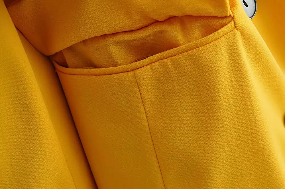 Желтые Повседневные костюмы для женщин блейзер-набор V образным вырезом двубортный Карманный дизайн полный рукав стильный женский офисный жакет пальто женский костюм