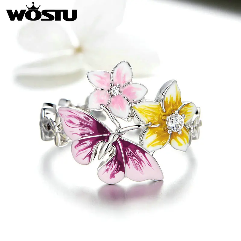 WOSTU, корейское модное кольцо с бабочкой и цветком, прозрачный циркон, трендовые кольца на палец для женщин, свадебные ювелирные изделия для помолвки FFR199
