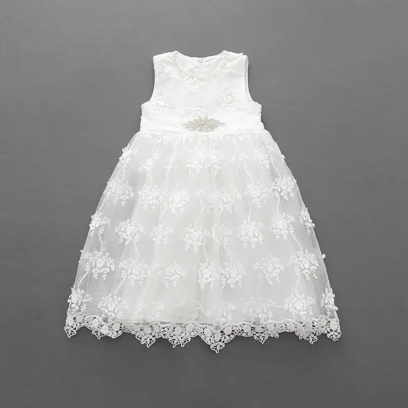 2017 Summer New Girl Princess Dress Pearl Neck Lace Hollow Party Sundress Rhinestone Belt Children Clothing