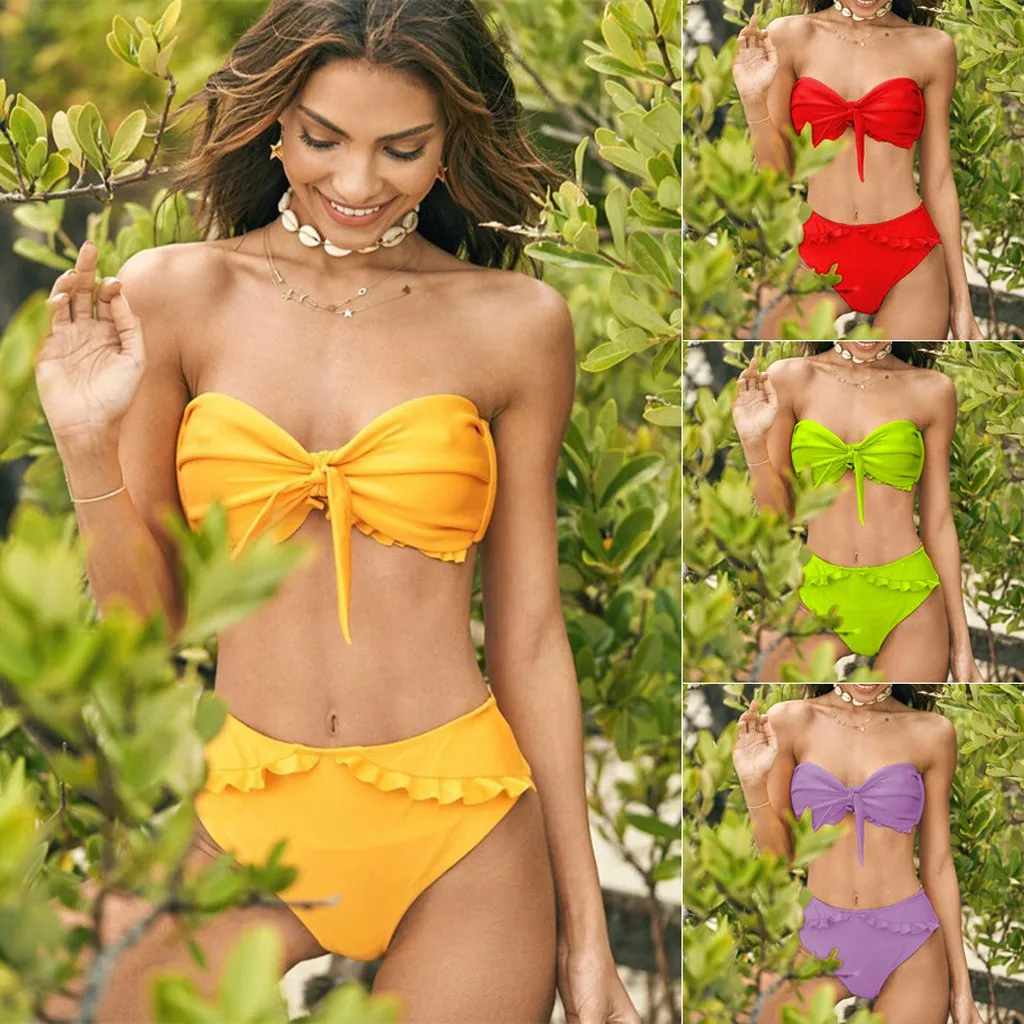 

MUQGEW Women Silod Push-Up Padded Strappy Bra Beach Ruffled Flounce Bikini Set Bandeau Bikini High Waist Swimsuit Lingerie 2019