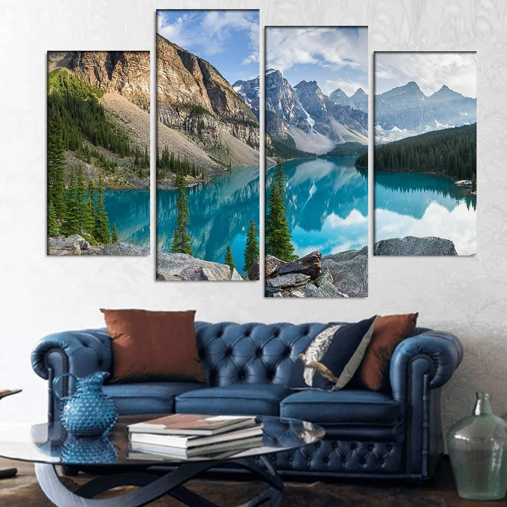 4 Pieces/sets Canvas Art Rocky Mountains With Lake In Canada Canvas