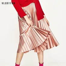 2018 New Spring autumn Women Metallic Pink Skirt Long Skirt High Waist Metallic Pleated Skirt Party Club Ladies Saia Fenimias o ring zip up metallic skirt