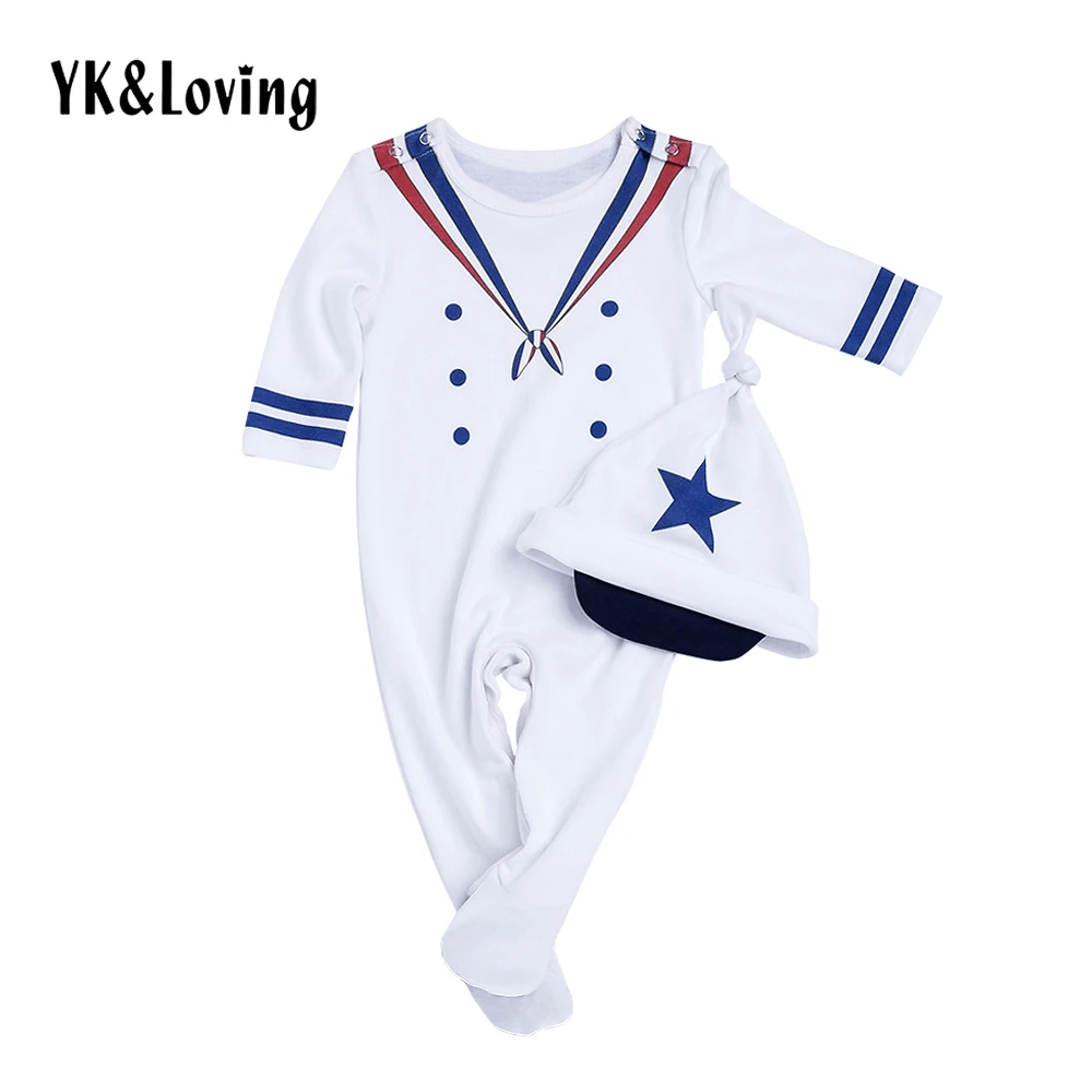 

4th of July Baby Boy Romper Clothes Newborn Long Sleeve Jumpsuit and Hat 2 Piece Cotton Toddler Sailor Suit 2017 Fashion Style
