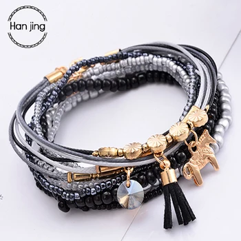 

2018 Fashion Brand Black Trandy Bracelets & Bangles For Women Rose Gold Horse Charm Beads Rops Chain Bracelet Femme Love Jewelry
