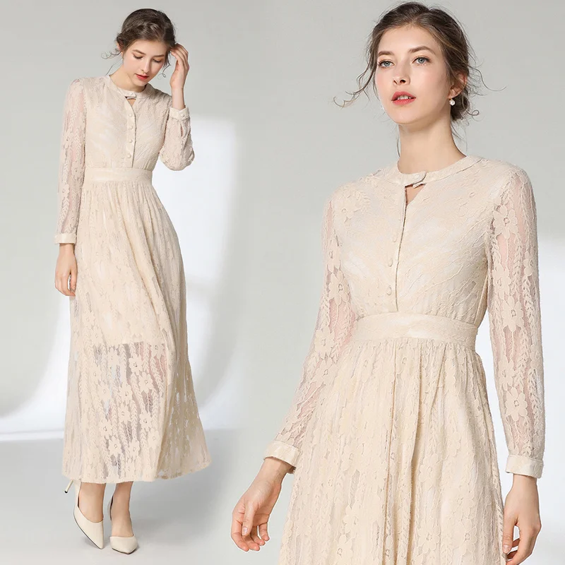 

2019 spring and summer temperament long dress openwork lace waist dress