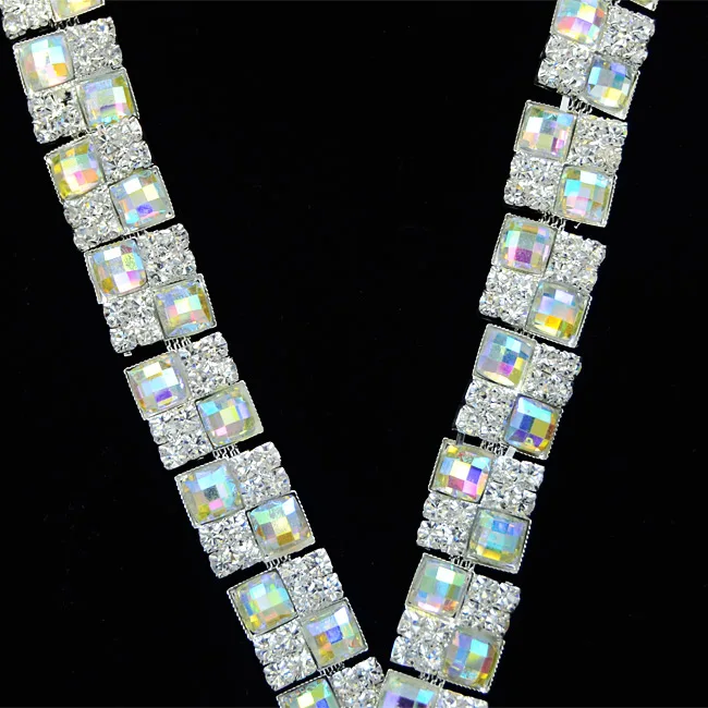$72.9 10Yards Rhinestone Trims Ab Square Wedding Applique Trim Bridal Sash Free Shipping