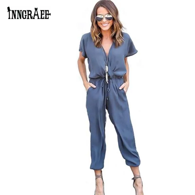 

Inngraee 2019 Office Rompers Women Jumpsuit Summer V-Neck Tied Waist Sexy Party Playsuit Female Overalls Pockets NS8446