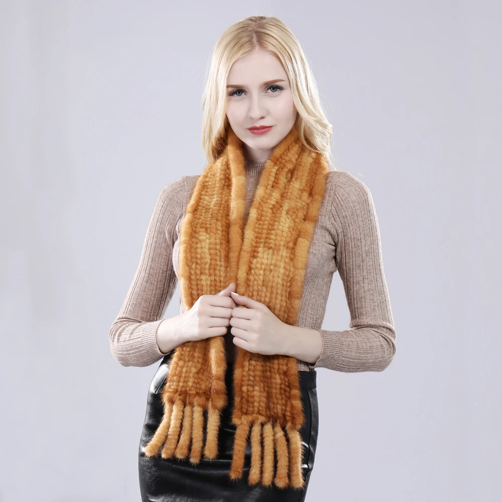 Women Hand Knitted Real Mink Fur Scarf Natural Warm Mink Fur
