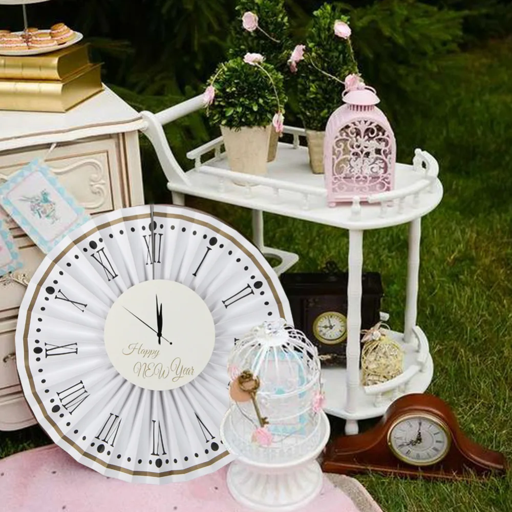 

Happy New Year Countdown Round Clock Paper Rosette Midnight Clock Face Paper Fan Hanging Decorations New Year's Eve Party