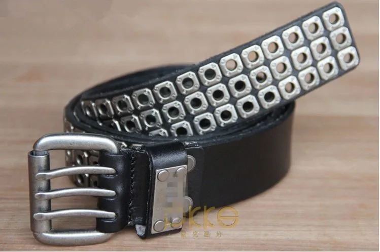 Men black Punk Rock first layer leather Belt hollow out Metal Rivet Waist Belt Three pin