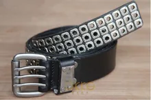 Men black Punk Rock first layer leather Belt hollow out Metal Rivet Waist Belt Three pin