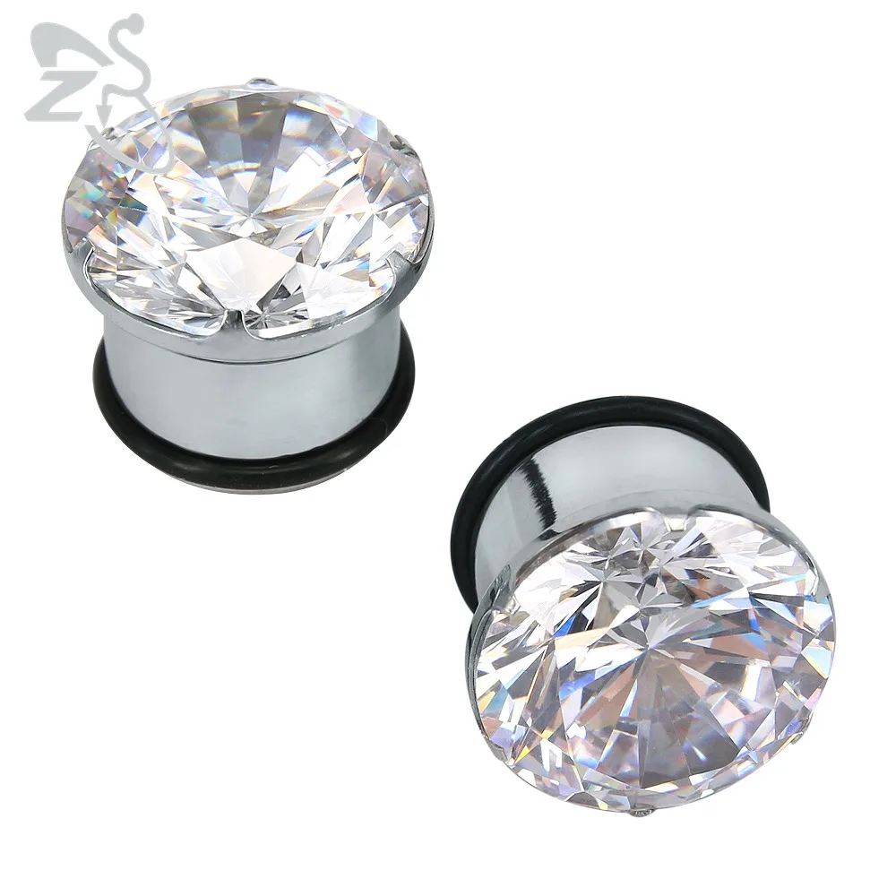 4 16mm Ear Plug Tunnel Big Crystal Stone Silicon Rings Surgical Steel