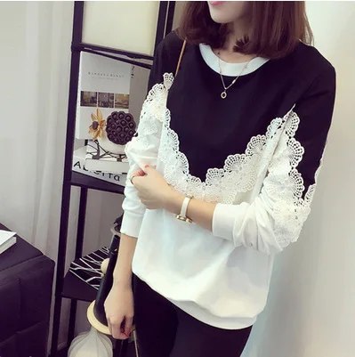 

Ladies sweater autumn and winter new stitching lace headband long-sleeved jacket large size solid color wild loose bottoming shi