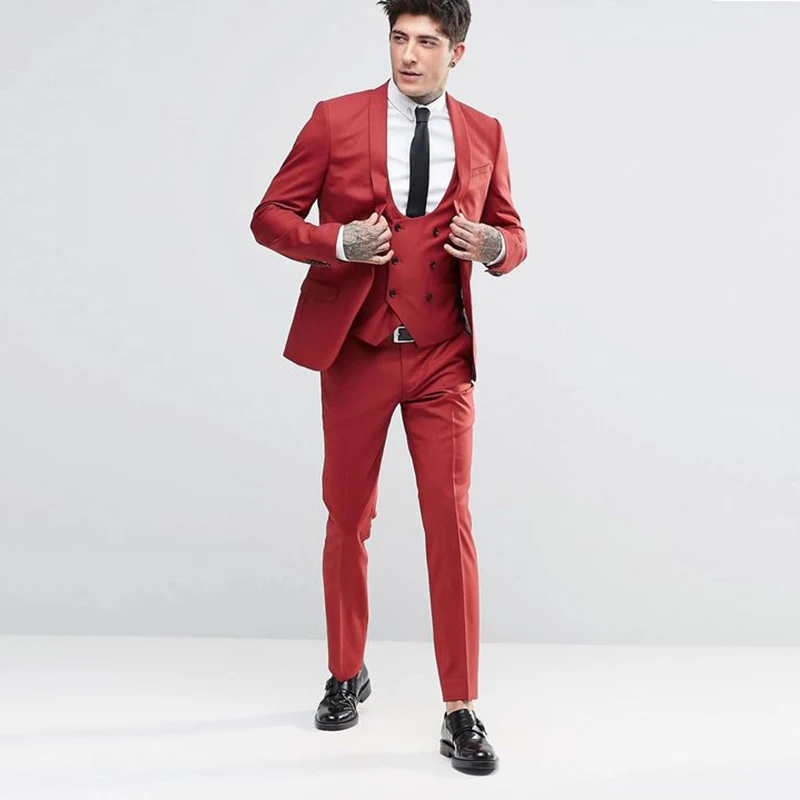 Orange Men Wedding Suit Double Breasted Slim Fit Male Blazer 3 Piece Groom Tuxedo Prom Party Suit Custom Men Suits for Wedding