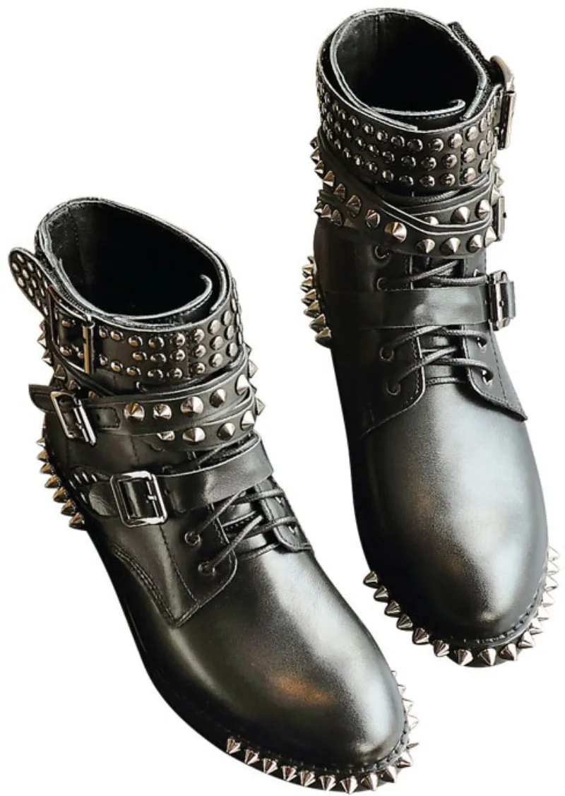 

Punk Genuine Leather Boots Women Rivets Square Heels Autumn Winter Ankle Boots Sexy Shoes Woman Motorcycle Snow boots stap