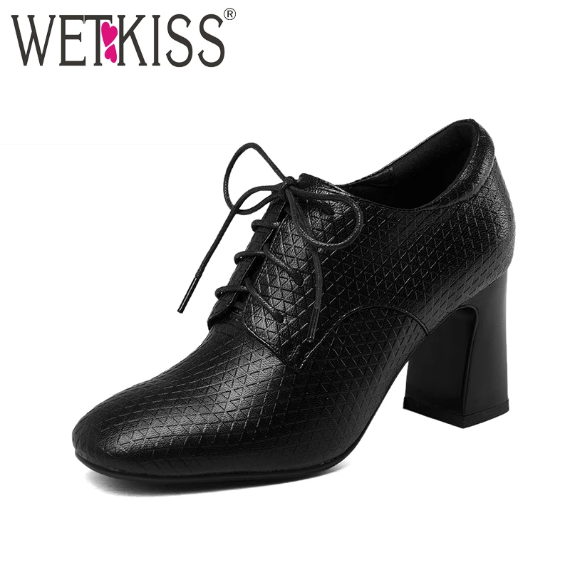 

WETKISS Genuine Leather Lace up Ladies Pumps Office Elegant Solid Thick High Heels Shoes Woman Square toe Autumn Footwear Black