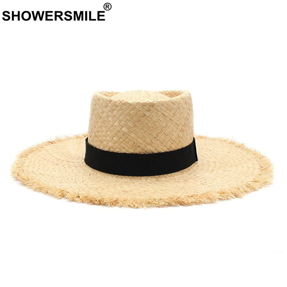 SHOWERSMILE قبعات للحماية من الشمس النساء الرافية قبعة خفيفة من القش المجدول الإناث البيج العلامة التجارية الطاقية واسعة حافة 10 سنتيمتر السيدات ا...