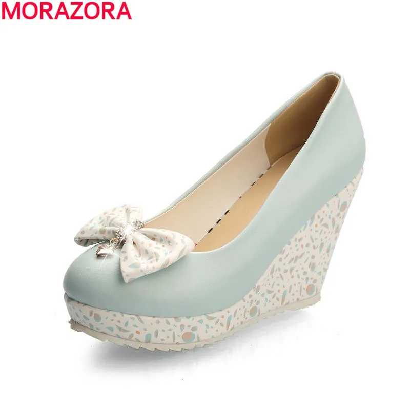 

Big size 2016 new high quality wedges casual pumps round toe white pink blue with bowtie sweet slip on high heels shoes