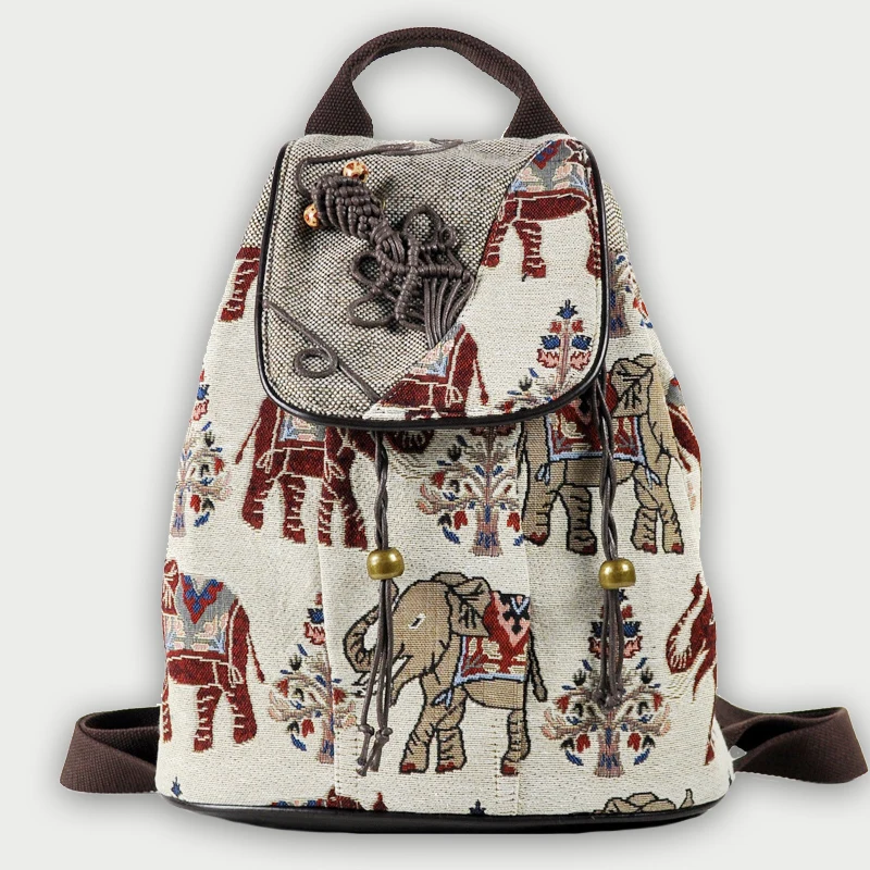 

Elephant Embroidered Female Backpack Retro Tribe Floral Flowers Canvas Backpack For Girls Weave Bagpack Schoolbag Flap Daypack