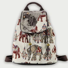 Elephant Embroidered Female Backpack Retro Tribe Floral Flowers Canvas Backpack For Girls Weave Bagpack Schoolbag Flap Daypack buckle straps flap canvas backpack