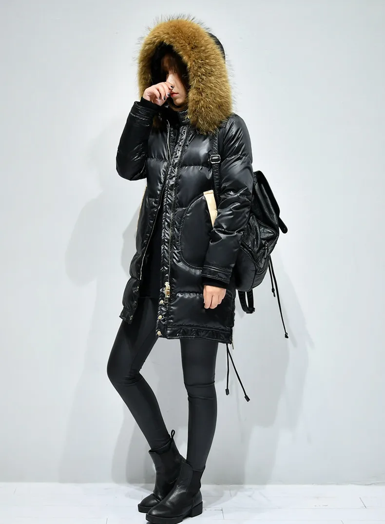 Зимнее модное женское пальто на утином пуху, большой капюшон из натурального меха, Женская Толстая теплая парка, женские стеганые куртки, черный, красный, 3xl