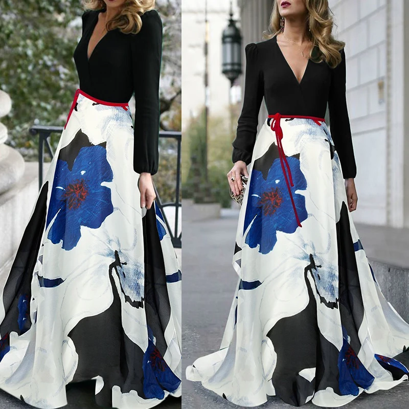 

Ladies Maxi Dress Formal Floor Length Long Sleeves Elegant Gown V Neck Evening