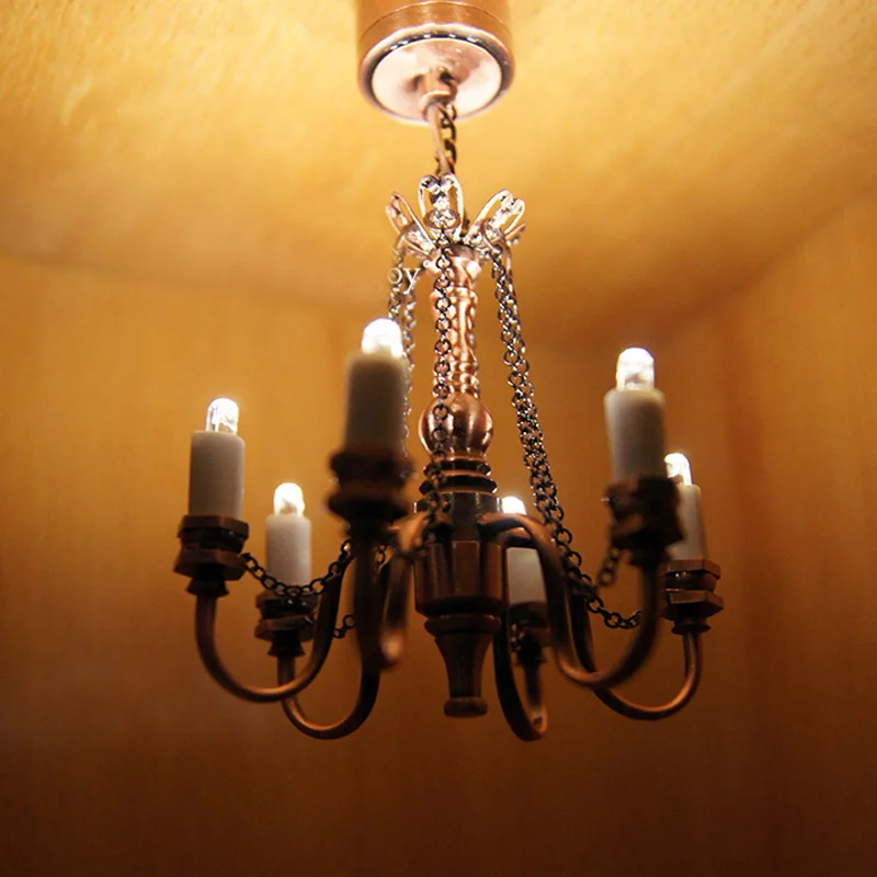 

1PCS Mini Retro 1:12 Dollhouse Miniature Ceiling Lamp Six Candle Chandelier LED Light Furniture Decoration Accessories