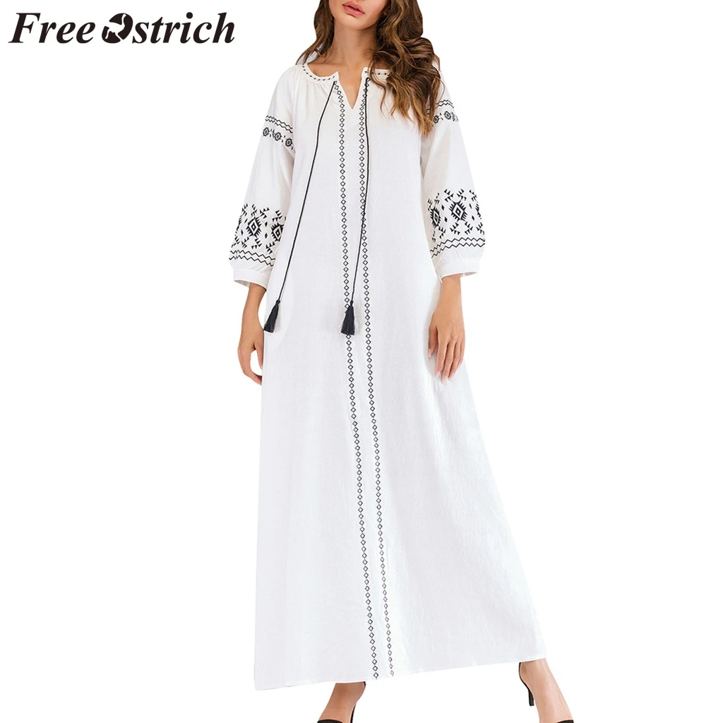 

FREE OSTRICH Women Long Dress Vintage Print Wrist Sleeve O-Neck Embroidery Ankle-Length Dignified Beautiful Women Dress Summer
