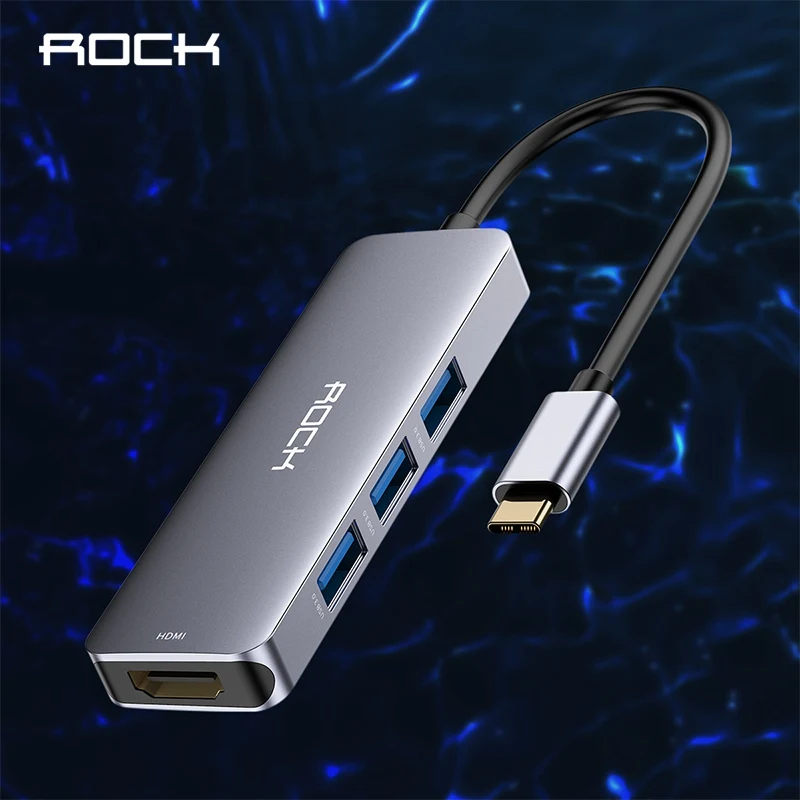 ROCK usb type C к HDMI ноутбук стыковочный кабель для Macbook tv USB C к HDMI 4K 3 порта USB 3,0 Портативный адаптер для зарядки type C