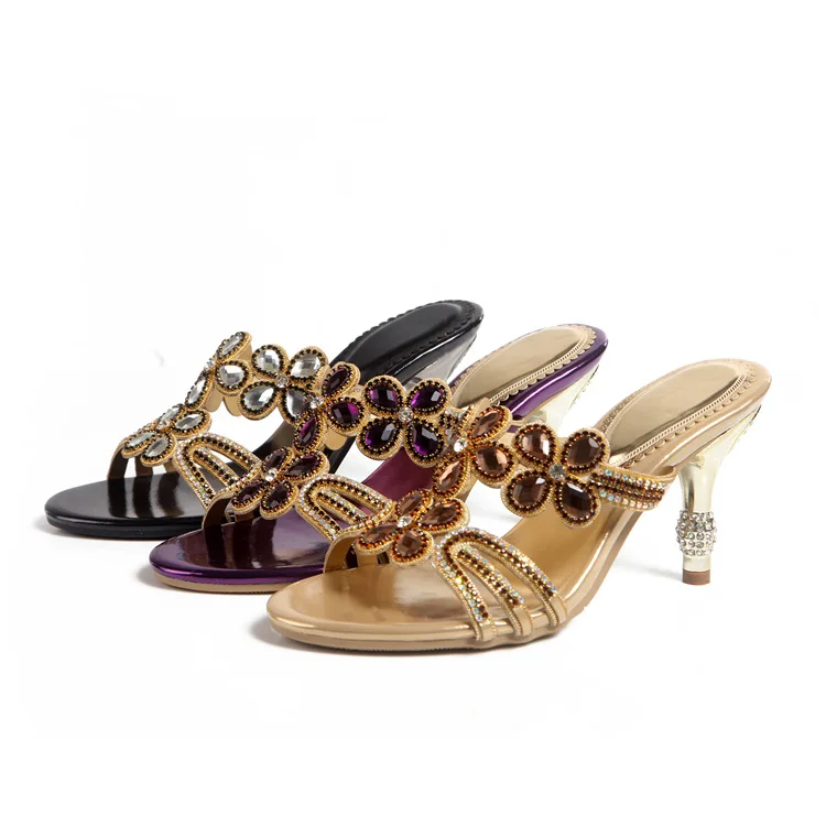 G-sparrow 2018 Women Summer Fashion Diamond High Heeled Slippers Ladies Crystal Peep Toe Shoes Golden Purple Black 8cm9