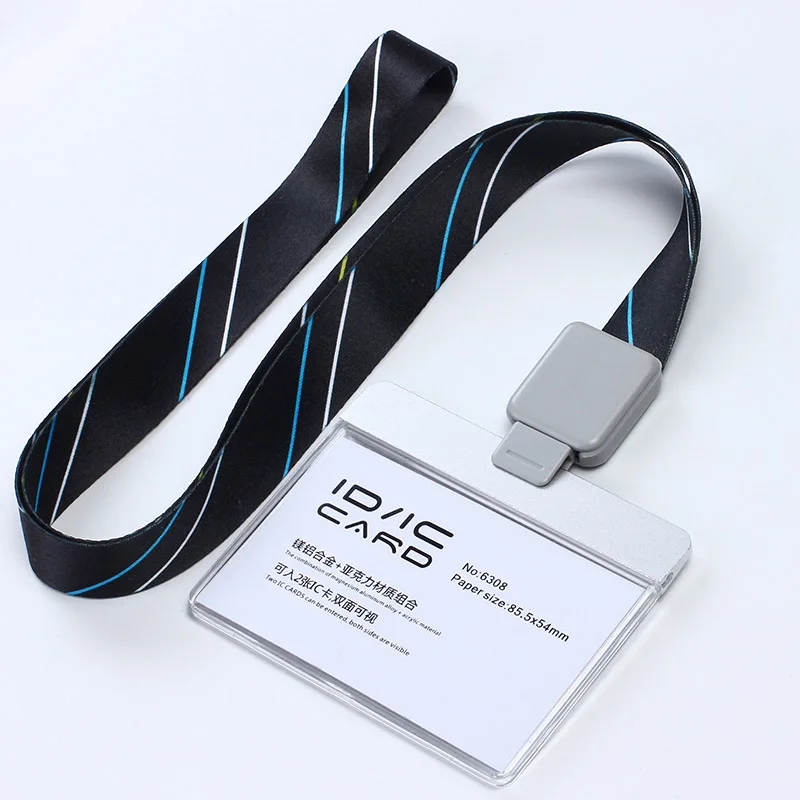 Acrylic Clear Access Card ID IC Card Badge Holder Work Card with Polyester Lanyard,Factory Price, LOGO Custom Lanyard - Цвет: H stripe black