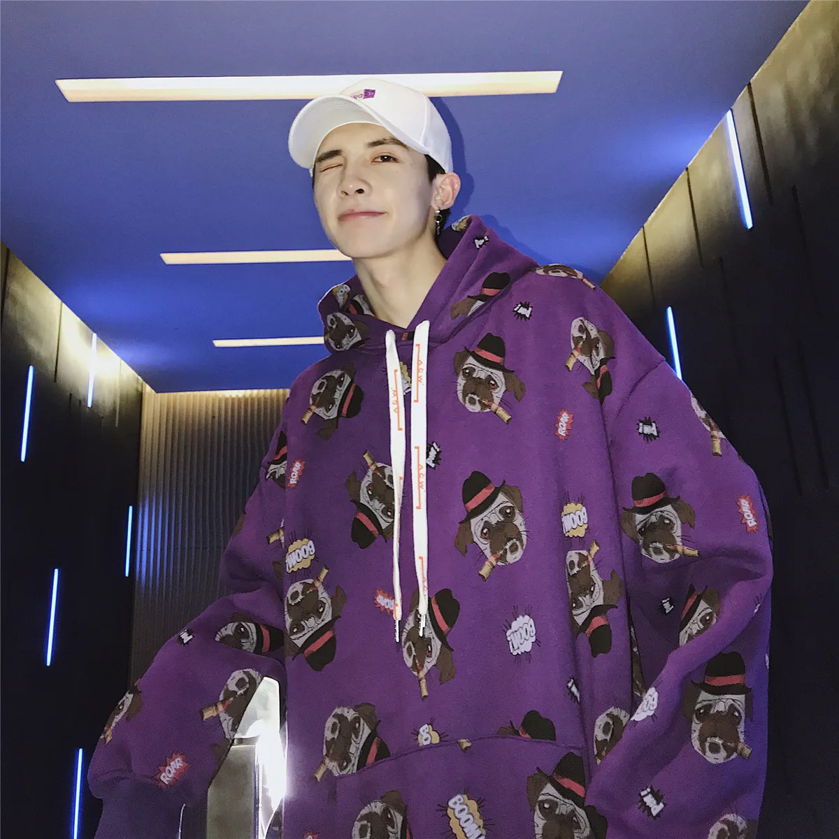 

Hooded Sweatshirt Men's 2018 Autumn New Puppy Print Casual Street Shoot Teen Pop White Dark Gray Purple Large Size Hoodies