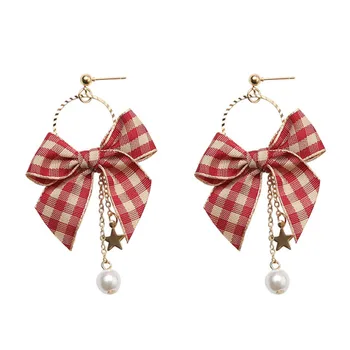 

Japan Sweet England Plaid Fabric Cloth Bow Simulated Pearl Star Drop Earrings for Women Girls Party Charm Jewelry Pendiente