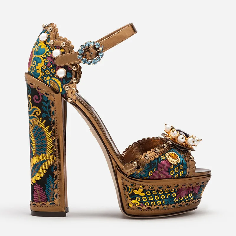 Эмма KING горный хрусталь украшенные женские сандалии пикантные туфли с открытым носком на высоком каблуке обувь для вечеринок с принтом; Летняя обувь на платформе - Цвет: Brown