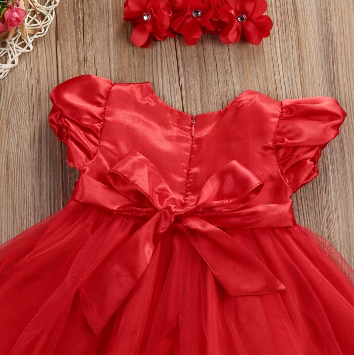 Модные платья для маленьких девочек; бальное платье с рукавами и цветочным рисунком; красное платье для малышей; повязка на голову; повседневная одежда; Новинка; 0-18 месяцев