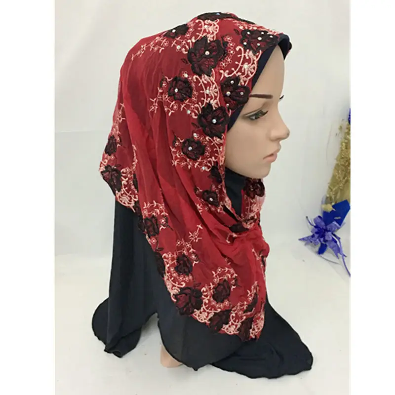 Мусульманский Исламский кружевной хиджаб с вышивкой эластичный шарф женщина Amira Шапка красивая дрель с цветком# ML670 - Цвет: Black Red2