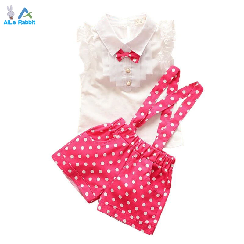 

AiLe Rabbit  2016 new arrival girls suit shirt + overalls 2pcs / set Polka Dot Ribbon Kids girls summer shorts suit children