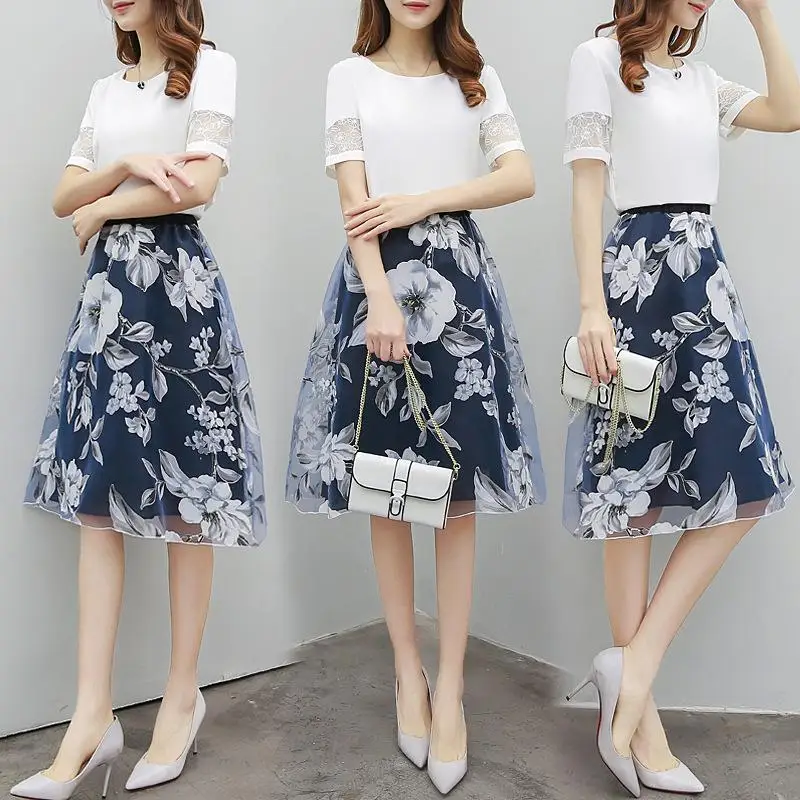 Camisa das mulheres Saia 2 Peça Nova Moda Verão 2017 Elegante Plissado Floral Impresso Saias Das Mulheres Saia de Cintura Alta Saias Femininas