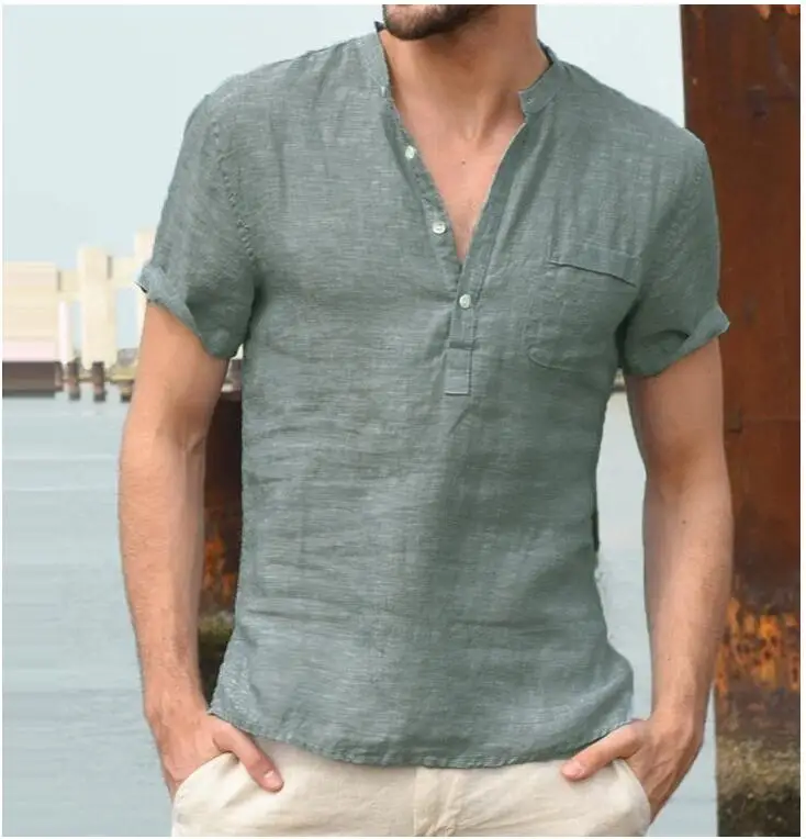 Новые летние мужские повседневные рубашки с коротким рукавом, v-образным вырезом, базовая блуза, повседневный Свободный Топ из тонкой ткани, Мужская Большие размеры, S-3XL США - Цвет: dark green