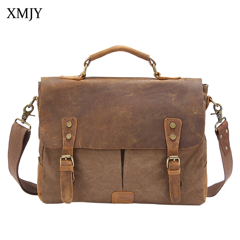 

XMJY Men Canvas Crazy Horse Leather Handbags Vintage Laptop Notebook Case Bags Office Business Briefcases Casual Shoulder Totes