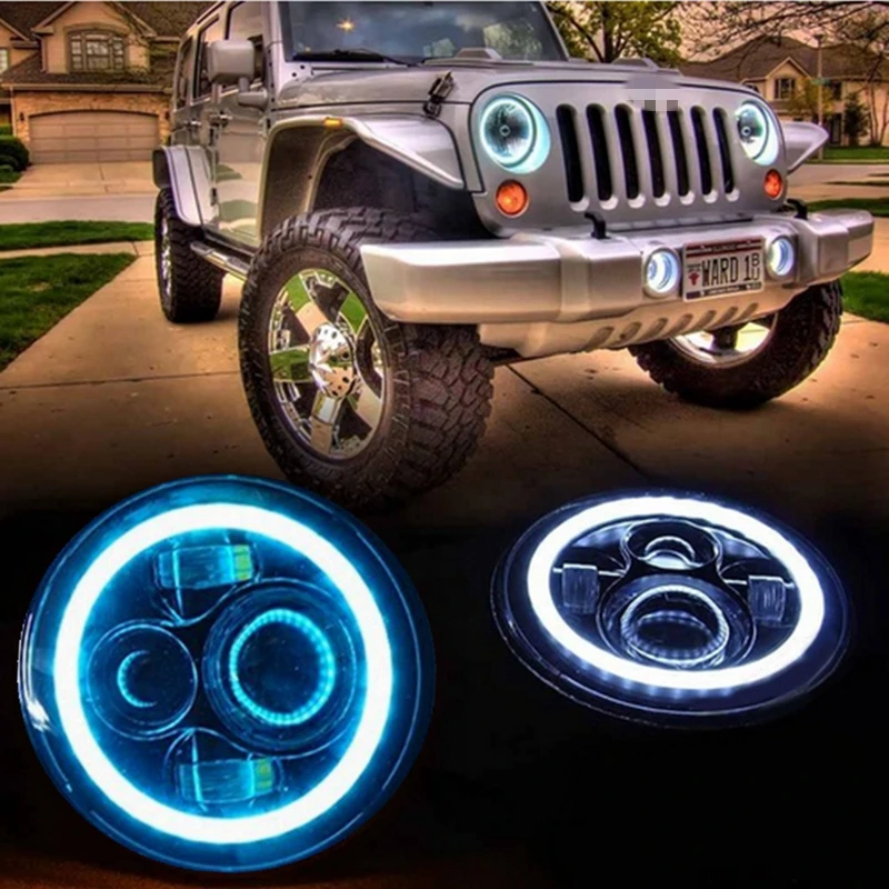 

Pair 7" Round Angel Eyes H4 H13 LED HALO Headlight For Wrangler Land Rover Defender Hummer 97-2015 JK TJ LJ H6024