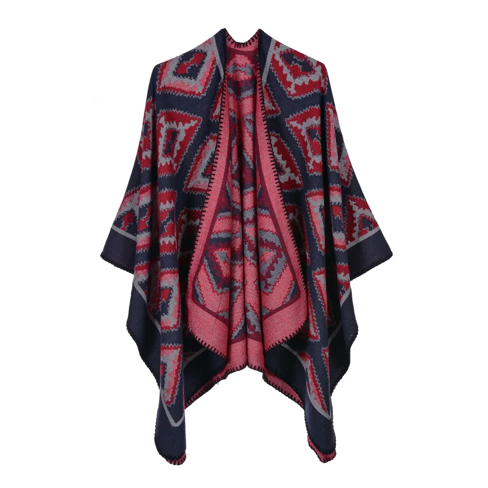 

Hot Selling Geometric Diamond Lady New Large Brand Shawl Imitated Cashmere Travel Open Fork Shawl Cloak 19001