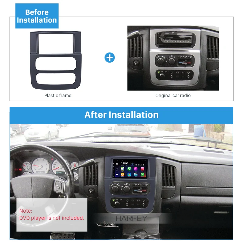 

Harfey 2Din Car Fascia Radio Install Frame Dash Bezel Trim Kit For Dodge Ram 1500 2500 3500 2002 2003 2004 2005 Mount Kit Black