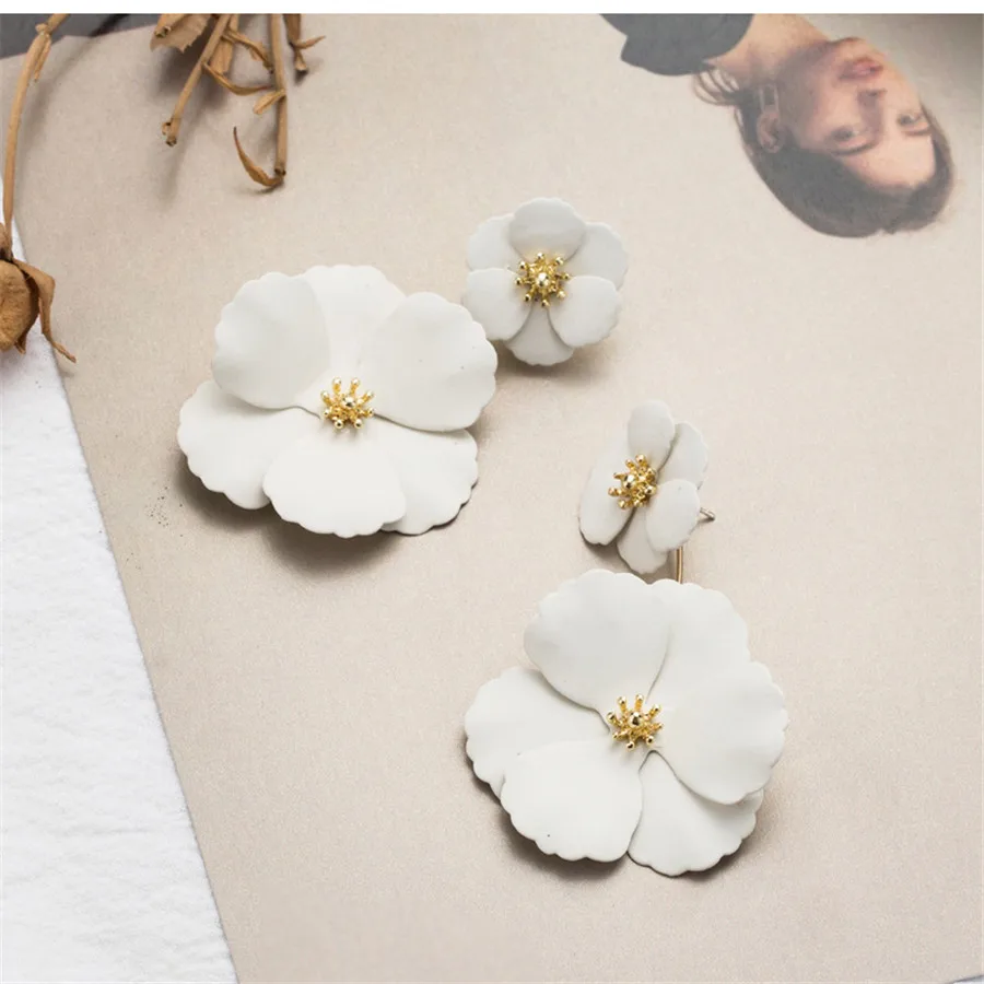 Large Spray Paint Flower Earrings Elegant Double White Wedding Party
