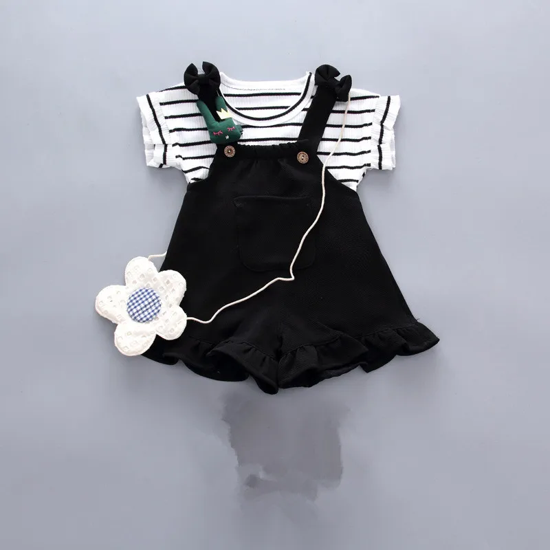 Детская одежда для новорожденных девочек, комплекты летней одежды Новая мода для новорожденных девочек в полоску Футболка+ брюки комплект для малышей ясельного возраста, спортивный костюм для девочек - Цвет: Черный