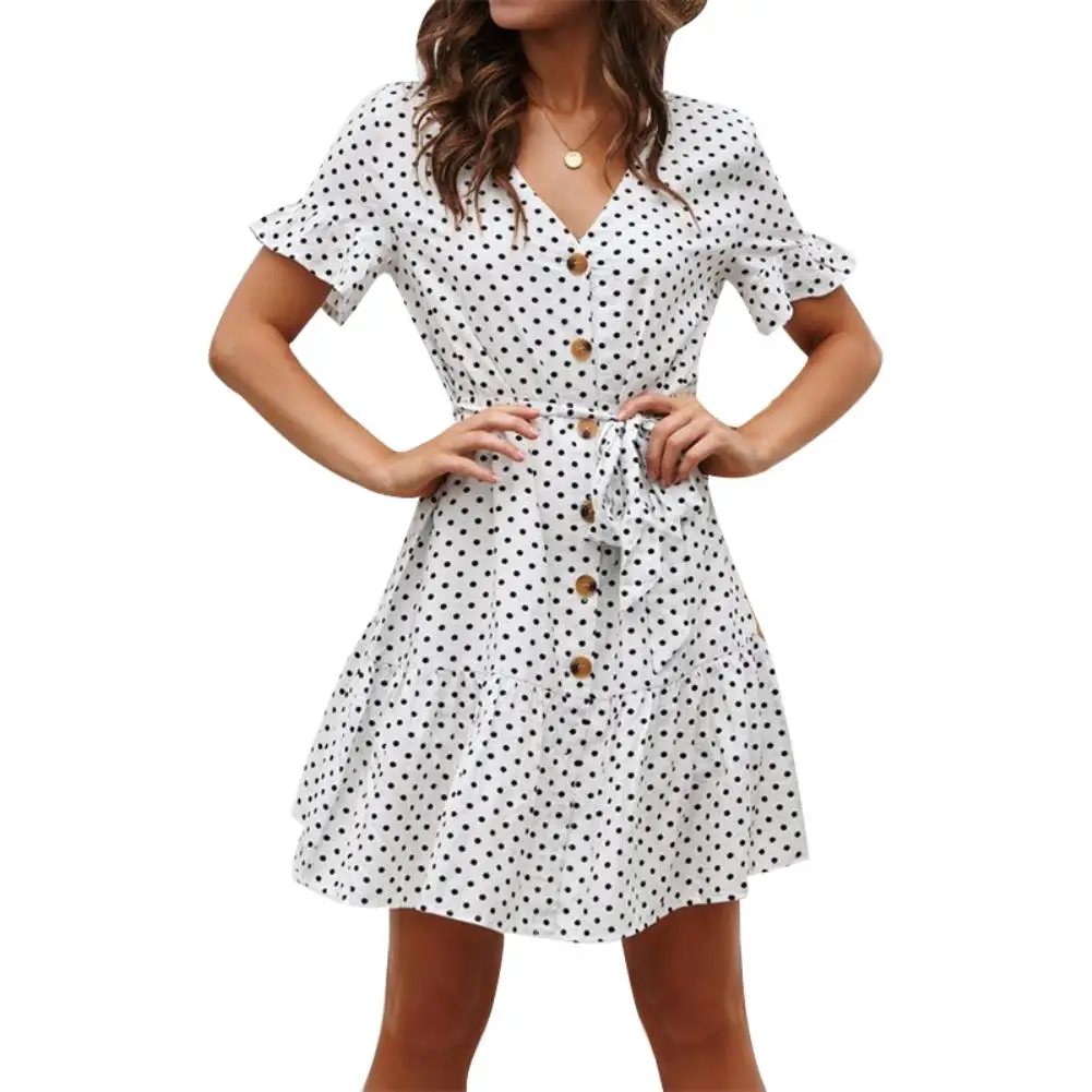 

Summer Beach Women Polka Dot V Neck Single Breasted Short Sleeve Mini Dress trendy