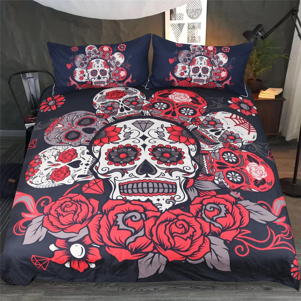 

Free shipping 1pc duvet cover&2pcs pillow cases red rose skull bedding set 3d printing home textile