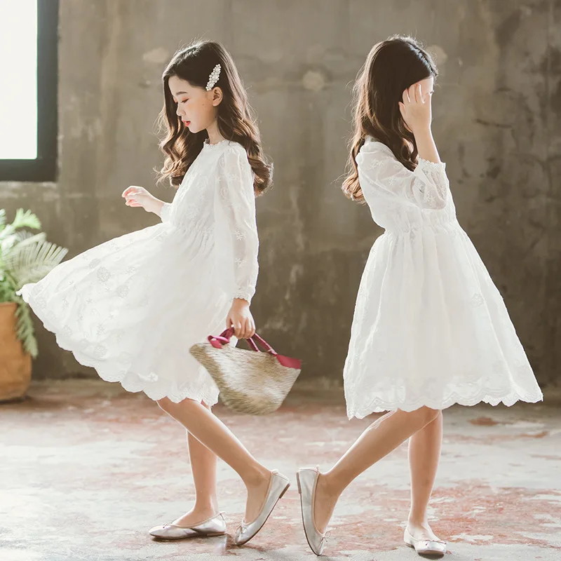 

Girls Cute Lace Floral Dress Birthday 2019 New Spring and Autumn Tide Children Frocks Elegant Wedding Party White Princess Dress