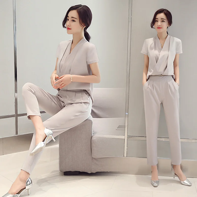 

Two Pieces Set Women 2018 Summer Fashion short Sleeve pure color shirt blouse tops and trousers pants Suit