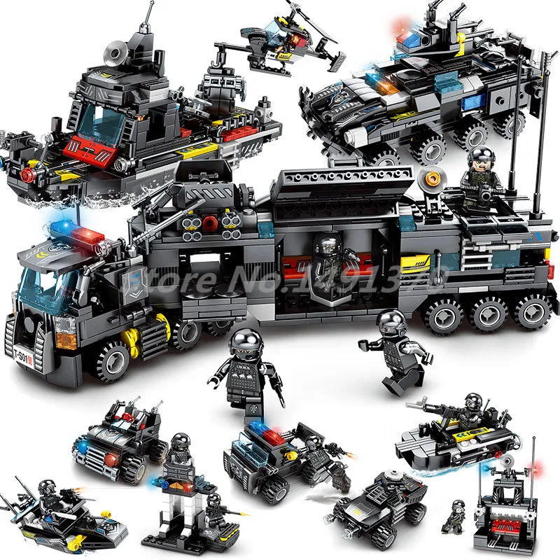 

City Military SWAT Police Series 8 IN 1 Truck Station Building Blocks Compatible Legoingly Bricks Educational Toys For Children